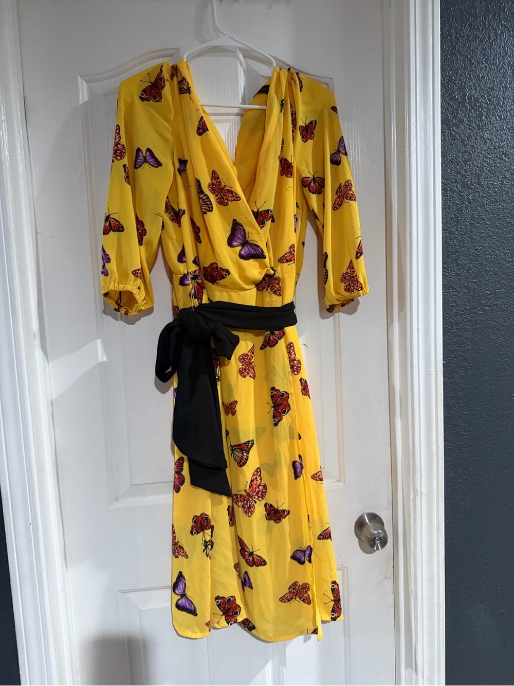 New York & Company Yellow Butterfly Print Wrap Midi Dress with Black Tie